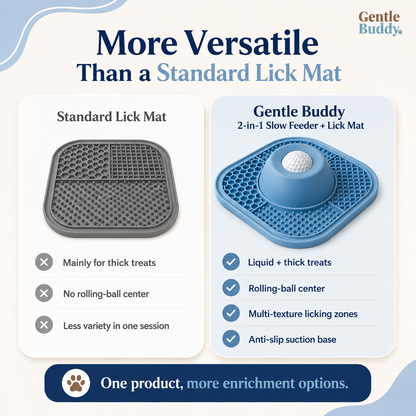 Comparison between a standard lick mat and Gentle Buddy 2-in-1 slow feeder bowl