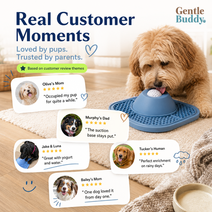 Dog using the Gentle Buddy slow feeder lick bowl during enrichment time