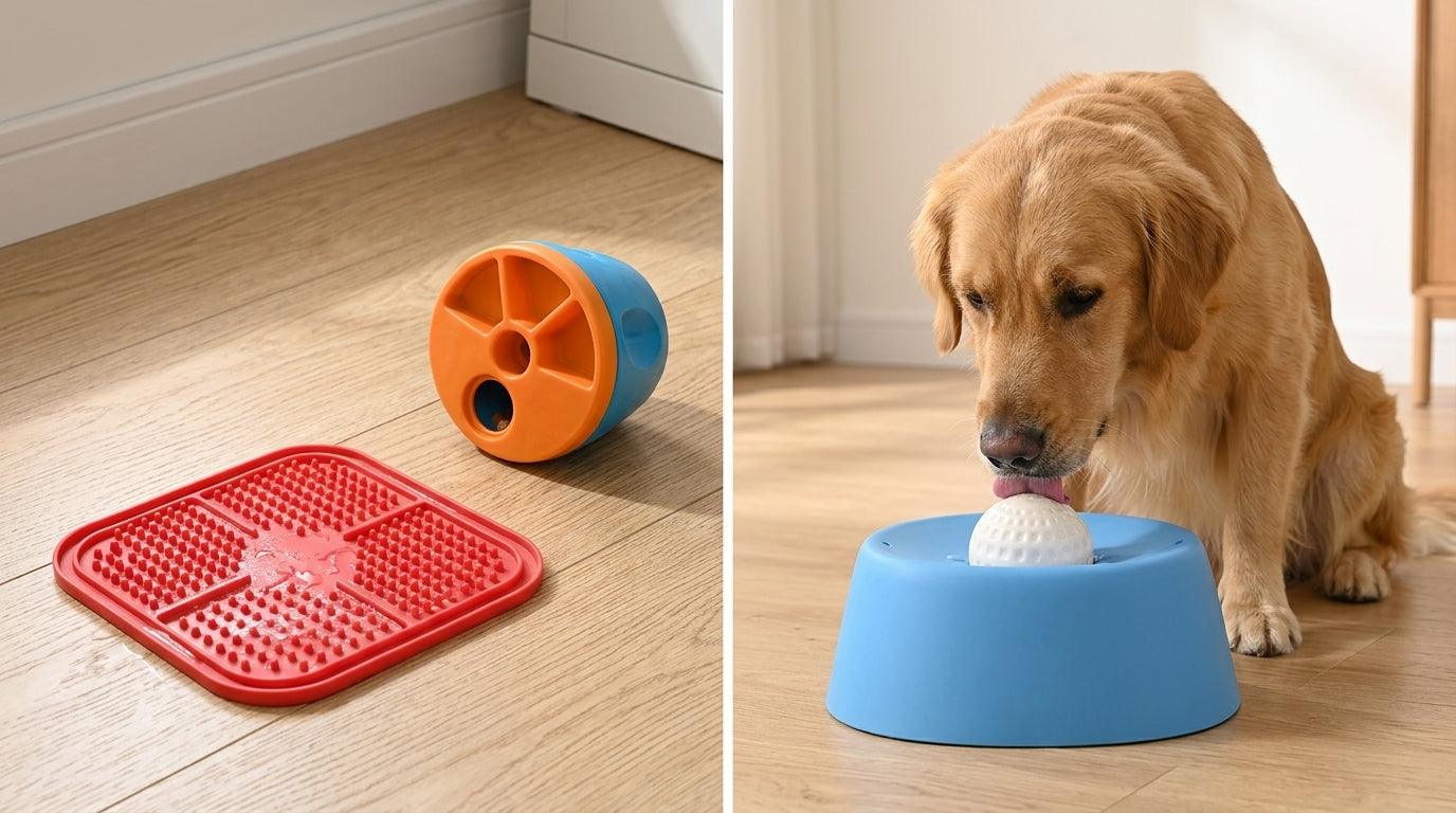 Empty lick mat beside a dog still licking LickCalm