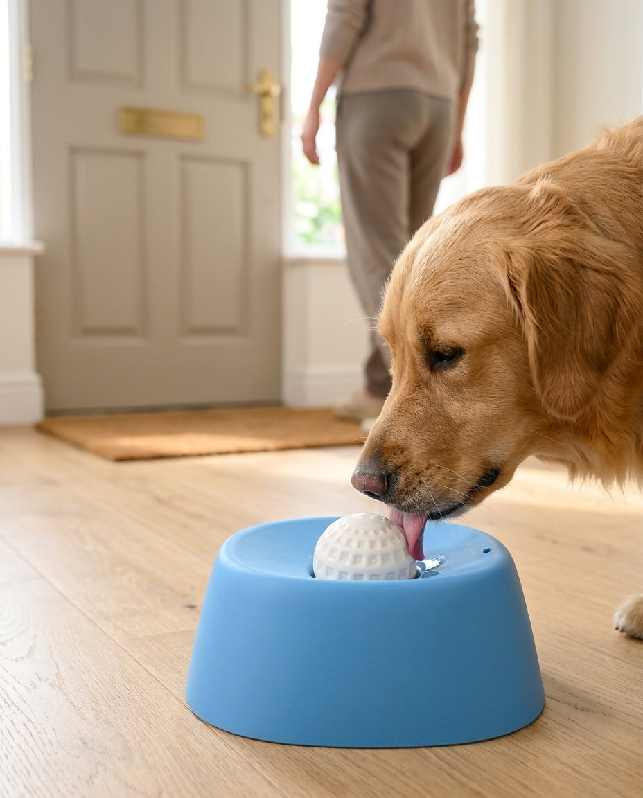 Dog licking LickCalm by the front door