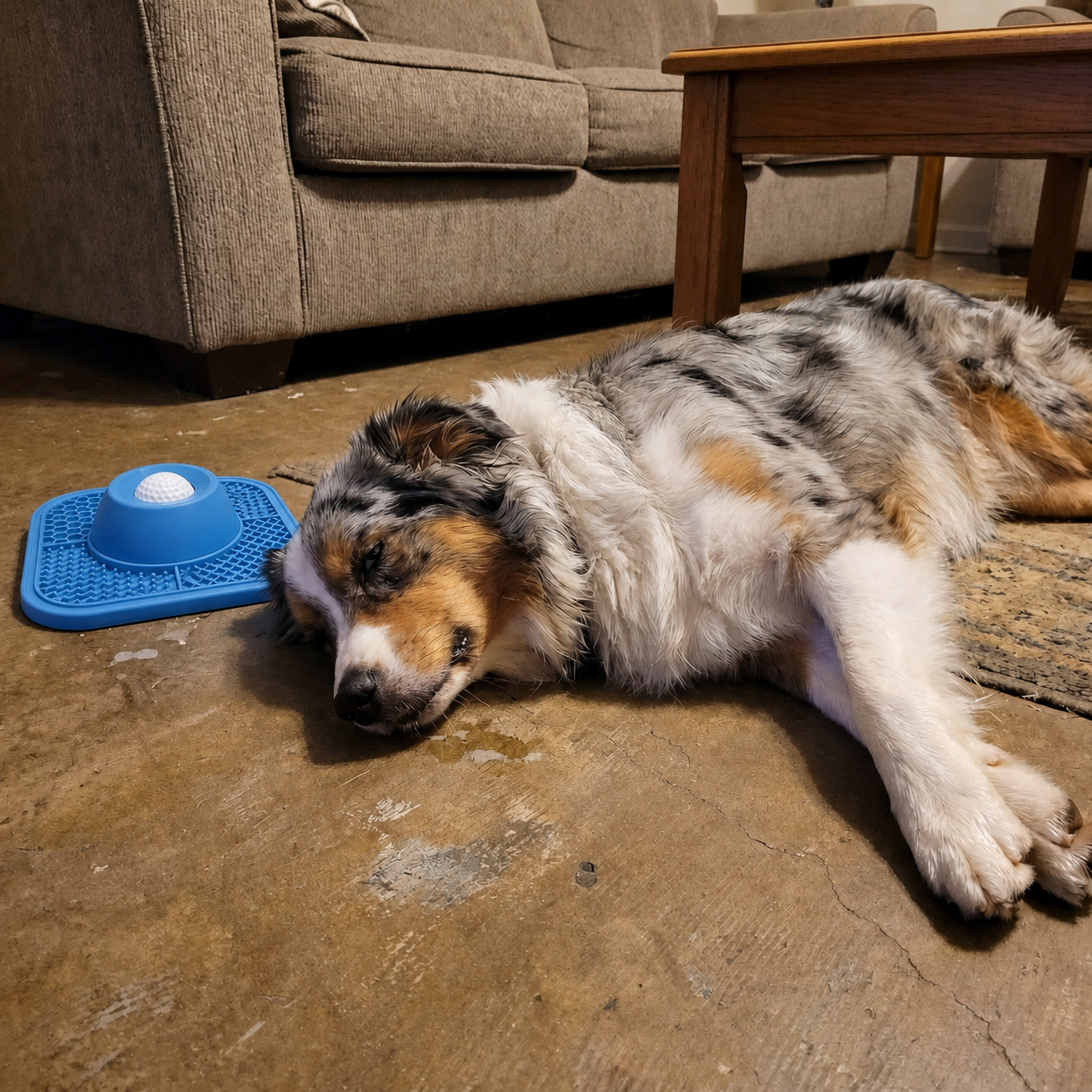 Dog resting next to the blue slow feeder lick bowl