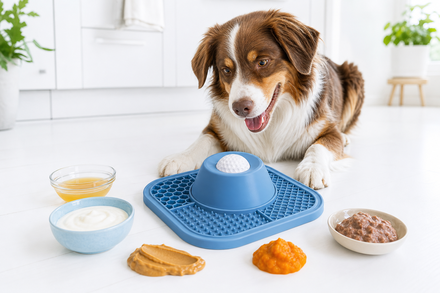 Dog enjoying the blue slow feeder lick bowl as a snack playground
